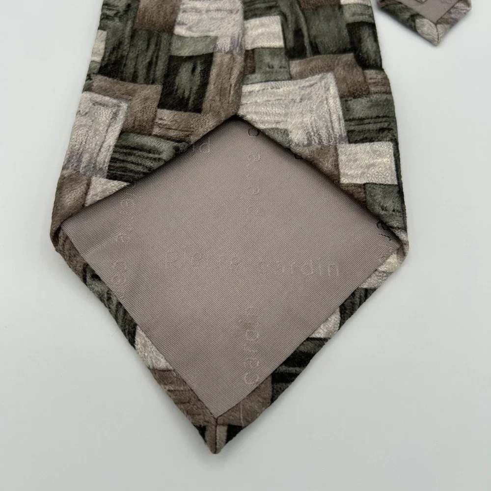 Pierre Cardin Necktie Geometric Blocks Mens OS Grey Brown Silk Vintage 90s